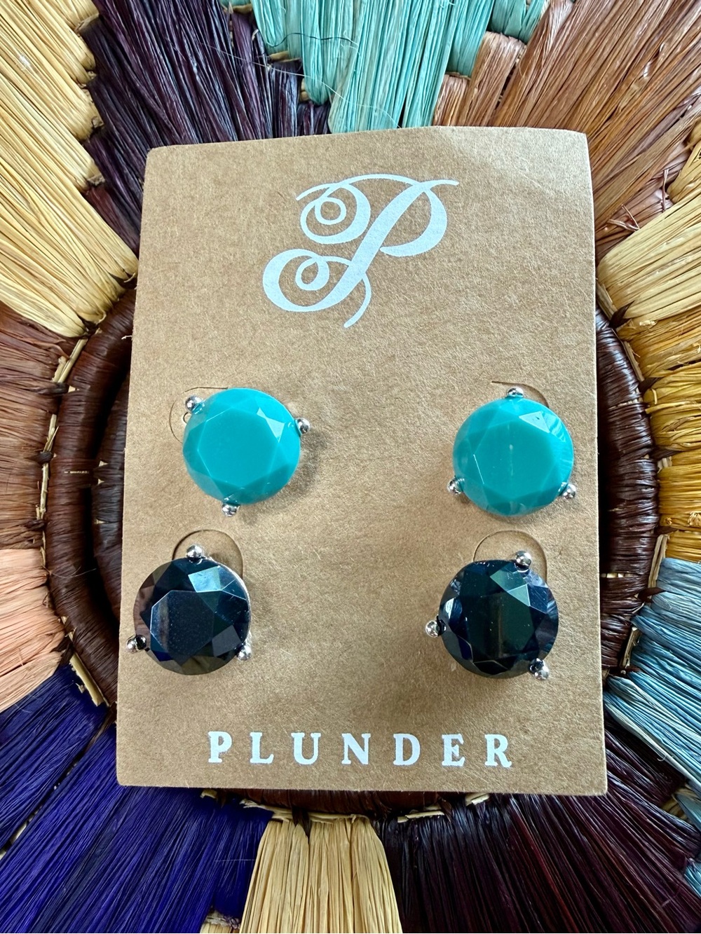Plunder Double-Stud Earrings in Turquoise and Dark Navy New 2 pairs